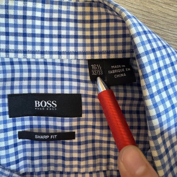 Hugo Boss Sharp Fit 16.5 16 1/2 Blue Plaid Dress Shirt 42 Men's 32/33 - Picture 7 of 11